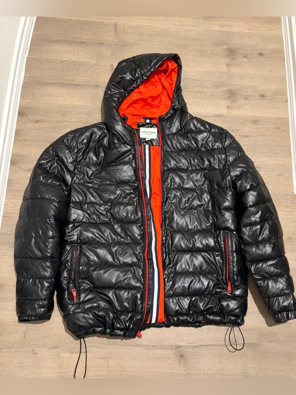 Cole Haan Black Puffer Jacket with Orange Lining and Trim